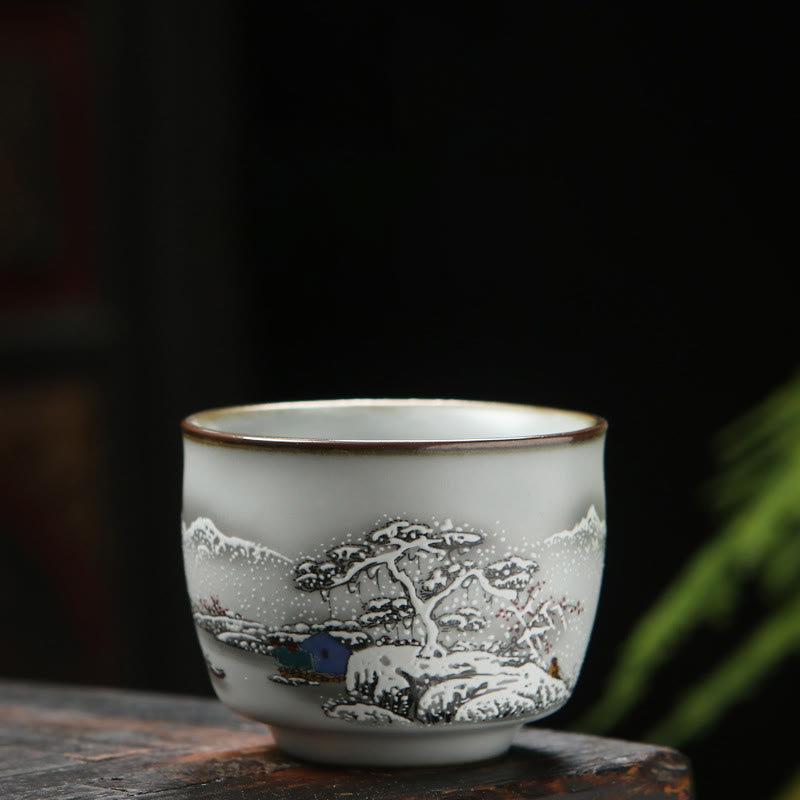 Buddha Stones, Wollmispel, Litschi, Schneelandschaft, Landschaft, Traube, Apfel, Keramik-Teetasse, Kung-Fu-Teetasse