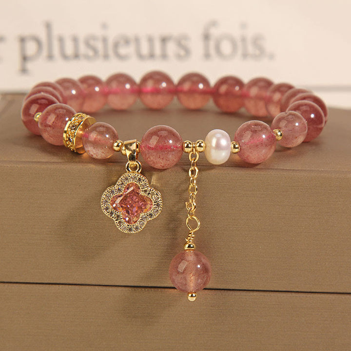 Buddha Stones Erdbeerquarz Perle Vierblättriges Kleeblatt Charm Heilarmband