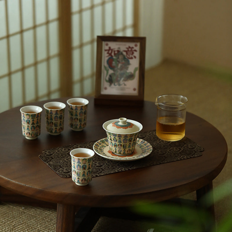 Buddha Stones, Dunhuang, Farbe, tausend Buddhas, fliegende Apsaras, Muster, Gaiwan-Teetasse, Kung-Fu-Teetasse mit Deckel