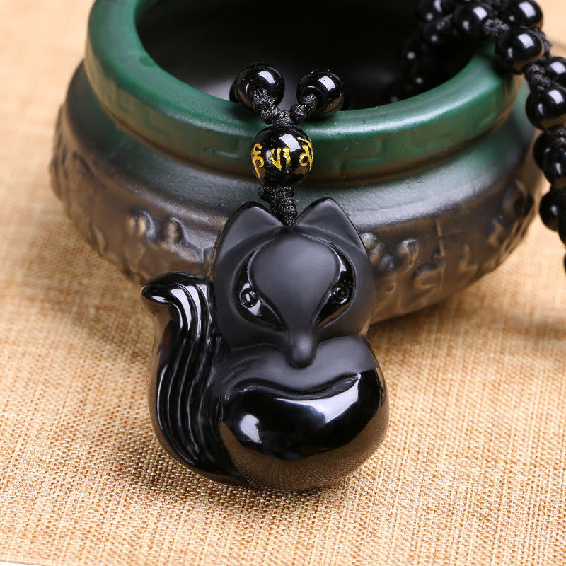 Buddha Stones, natürlicher schwarzer Obsidian, Tigerauge, Eis-Obsidian, Fuchs-Anhänger, Amulett-Halskette