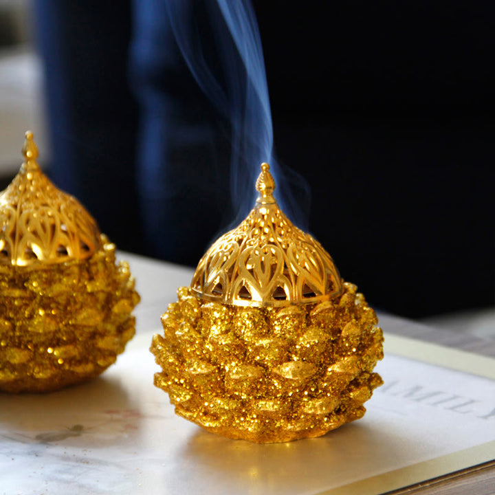 Goldfarbenes Tannenzapfenmuster, spirituelle Rituale, Mini-Räuchergefäß, Heim-Tischdekoration