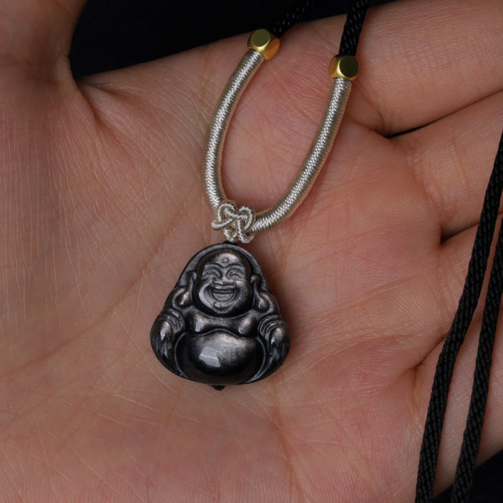 Buddha Stones, natürlicher silberfarbener Obsidian, lachender Buddha-Schutz-Halsketten-Anhänger