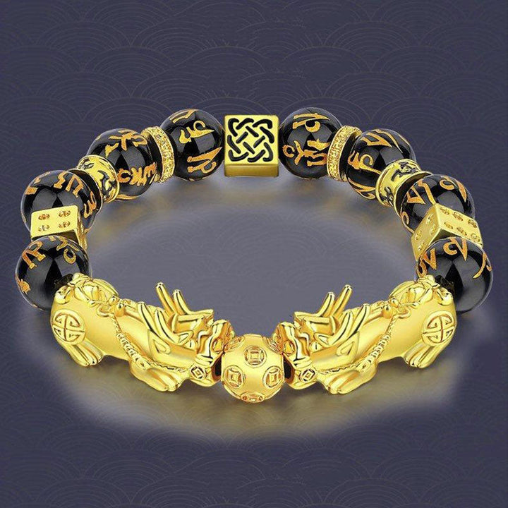 Buddha Stones FengShui Double PiXiu Obsidian Om Mani Padme Hum Reichtumsarmband