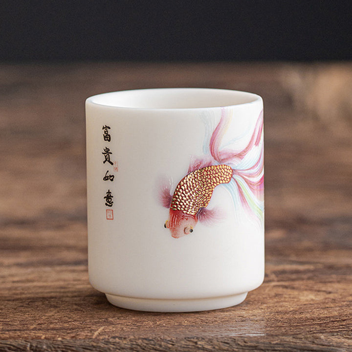 Buddha Stones Koi Fisch Weiß Porzellan-Keramik-Teetasse Kung-Fu-Teetasse