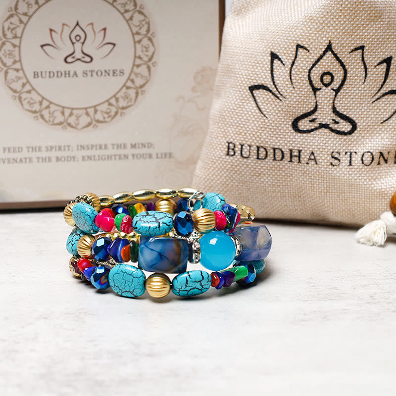 Buddha Stones Mehrschichtiges, unregelmäßiges, türkisfarbenes Achatperlen-Segensarmband