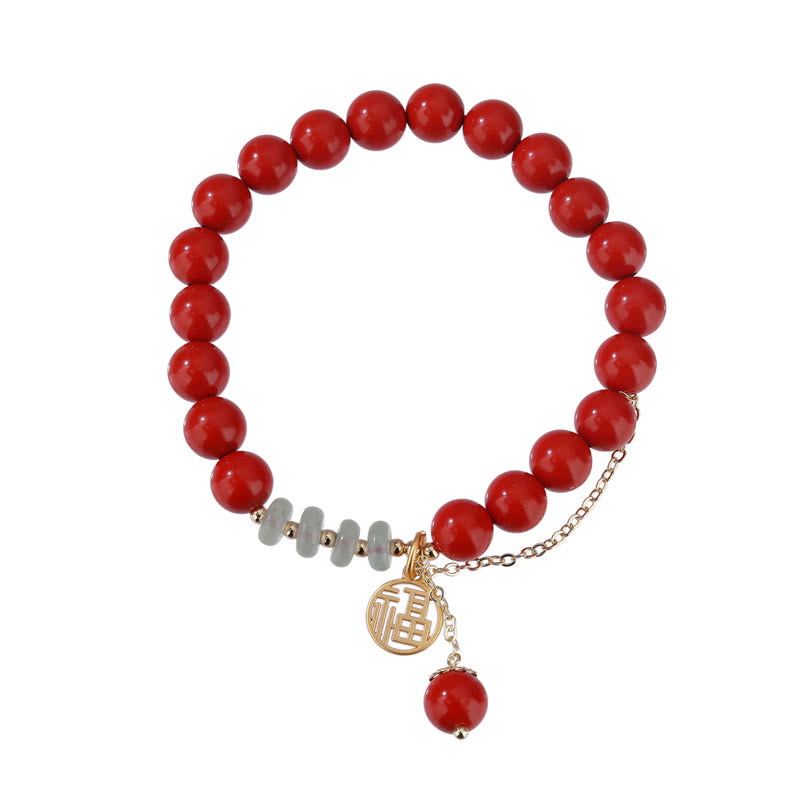 Buddha Stones Cinnabar Auspicious Fu Character Jade Calm Armband