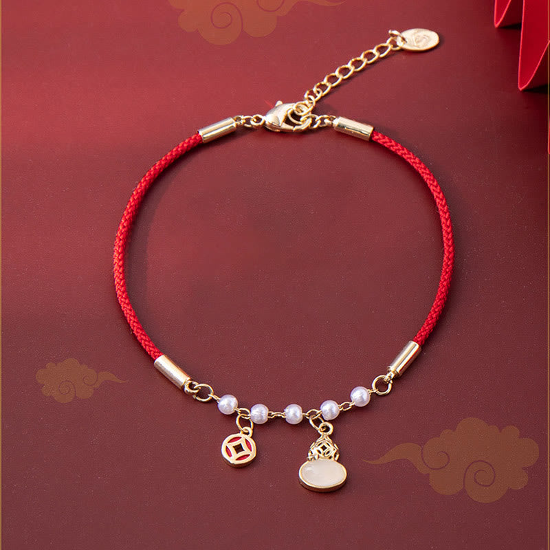 Buddha Stones, Kupfer-Münzen-Perlenkürbis-Charm, geflochtenes rotes Seil-Armband