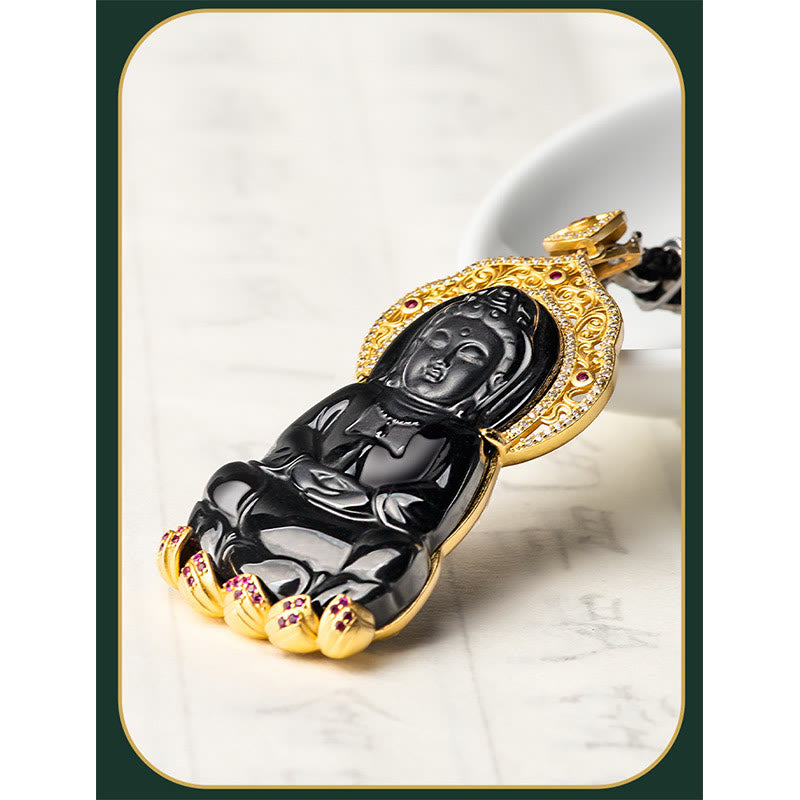 Buddha Stones 925 Sterling Silber natürliche schwarze Jade Kwan Yin Avalokitesvara Reichtum Halskette Anhänger