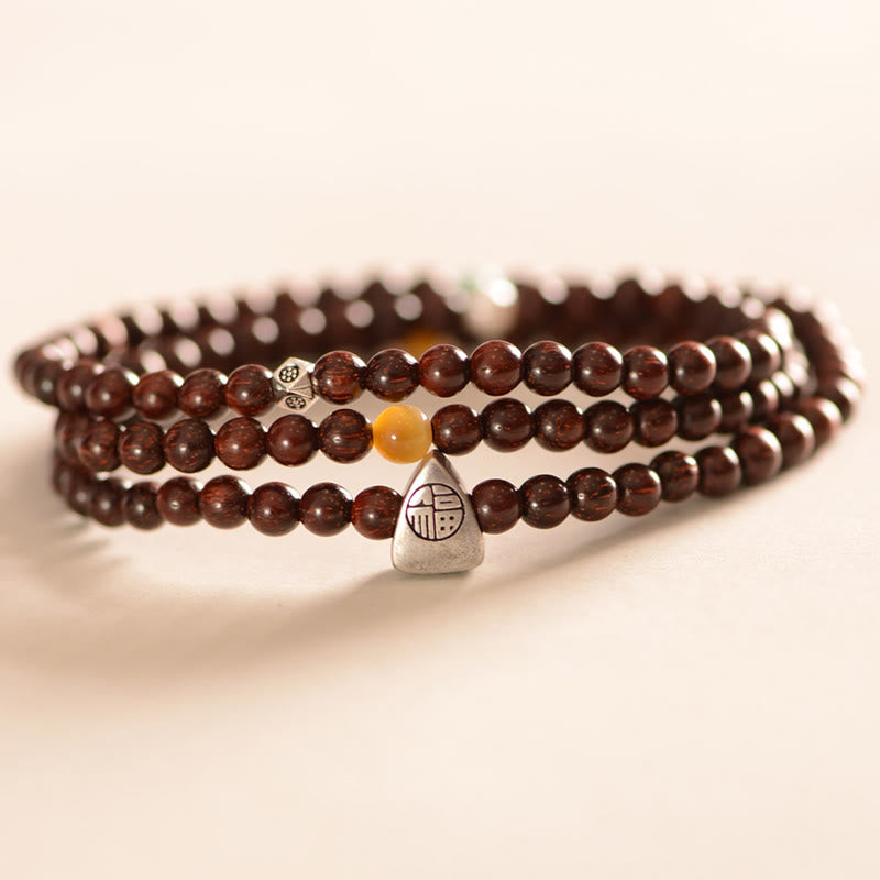 Buddha Stones, 925er-Sterlingsilber, indisches kleines Blatt, rotes Sandelholz, Fu-Charakterschutz, dreifach gewickeltes Armband