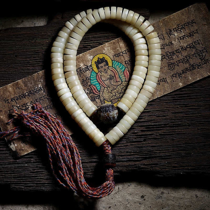 Tibetisches Mala-Armband mit 108 Mala-Perlen, Yak-Knochen, Gleichgewicht, Stärke
