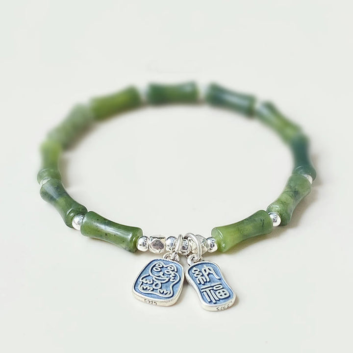 Buddha Stones Armband aus 925er-Sterlingsilber, Bambus-Jade, Glückskatze, Fu-Charakter, Glücksfülle