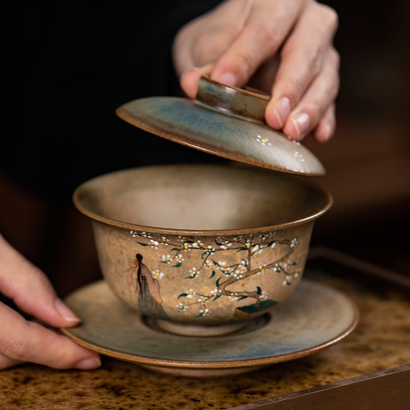 Buddha Stones, Jingdezhen, handbemalt, Ru-Ofen-Porzellan, Hanfu-Mädchen, Blume, Keramik, Gaiwan, Sancai, Teetasse, Kung-Fu-Teetasse und Untertasse mit Deckel