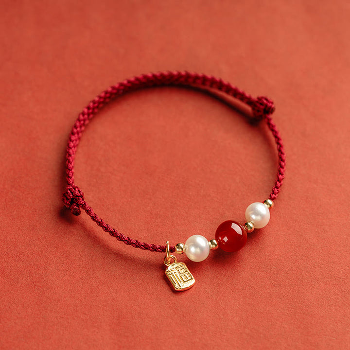 Armband mit Buddha Stonesn, 925er-Sterlingsilber, Glücksbringer, Fu-Charakter, Achat, Perle, rote Schnur