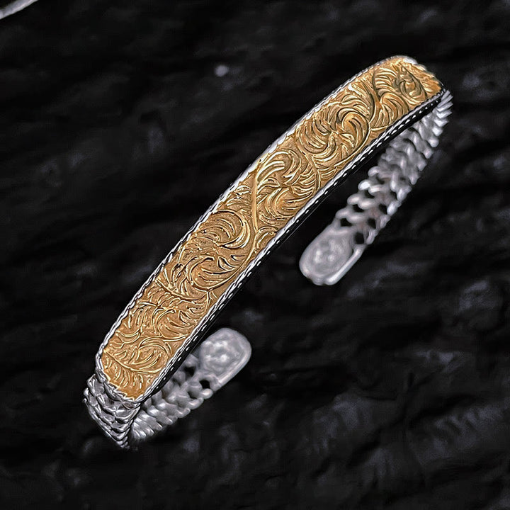 Tang-Dynastie-Blumen-Design, graviertes Kupfer-Glücksarmband, Armreif, verstellbarer Ring