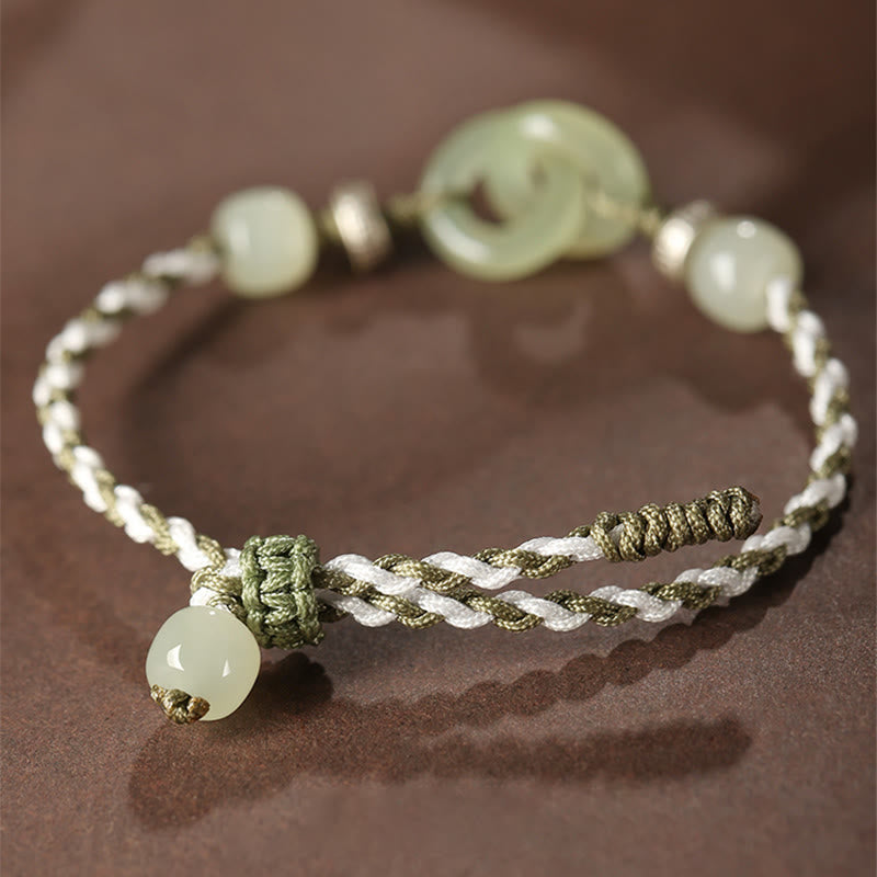 Buddha Stones Natürliches Hetian Jade Friedensschnalle Glück geflochtenes Armband
