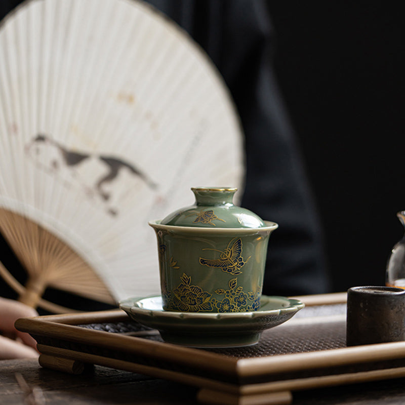 Buddha Stones, grünes Porzellan, Schmetterlingsblume, Lachsfisch, Keramik, Gaiwan, Sancai, Teetasse, Kung-Fu-Teetasse und Untertasse mit Deckel