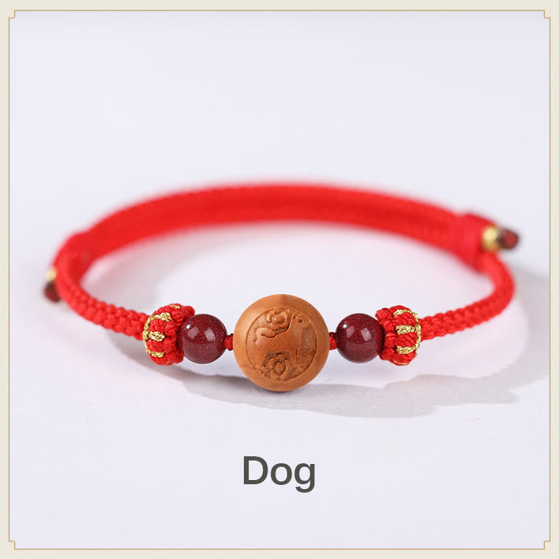 Armband mit Buddha Stonesn, natürlichem Pfirsichholz, chinesischem Sternzeichen Fu, geschnitztem Zinnober-Reichtumsarmband