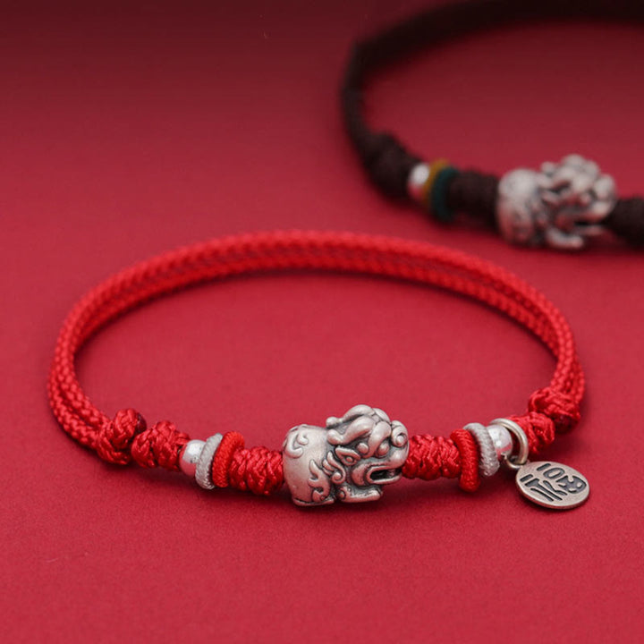 Buddha Stones 925 Sterling Silber PiXiu Fu Charakter Reichtum Glück Handgefertigtes geflochtenes Armband