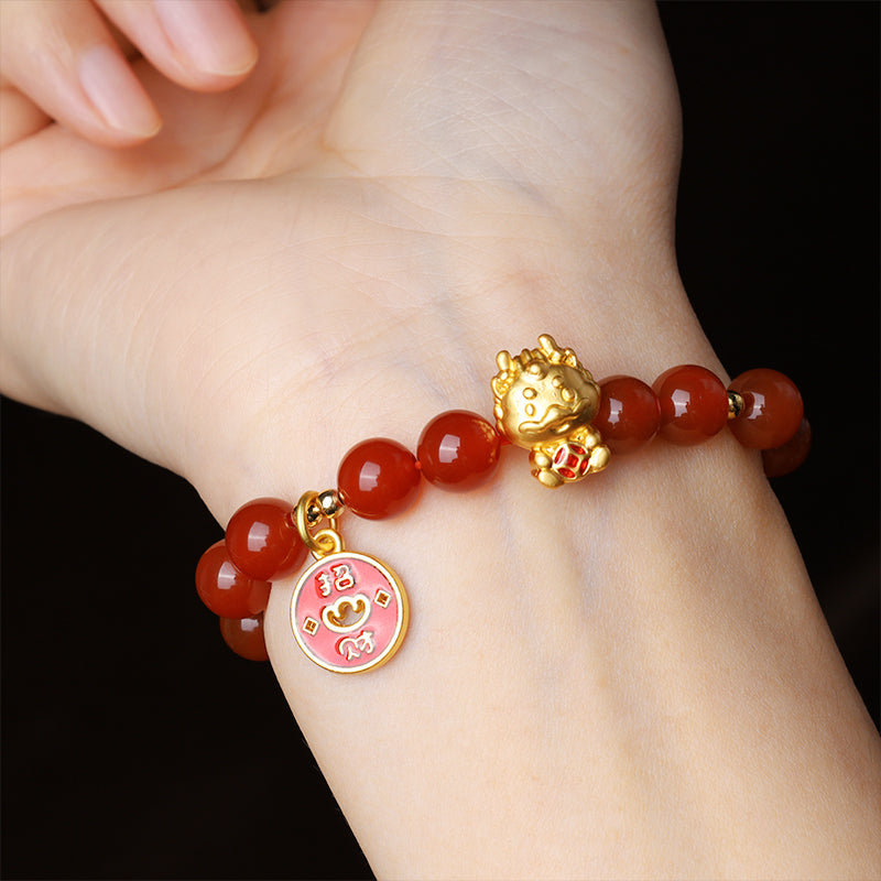 Buddha Stones, Jahr des Drachen, natürliches rotes Achat-Kupfer-Münze-Armband, das Glück anzieht