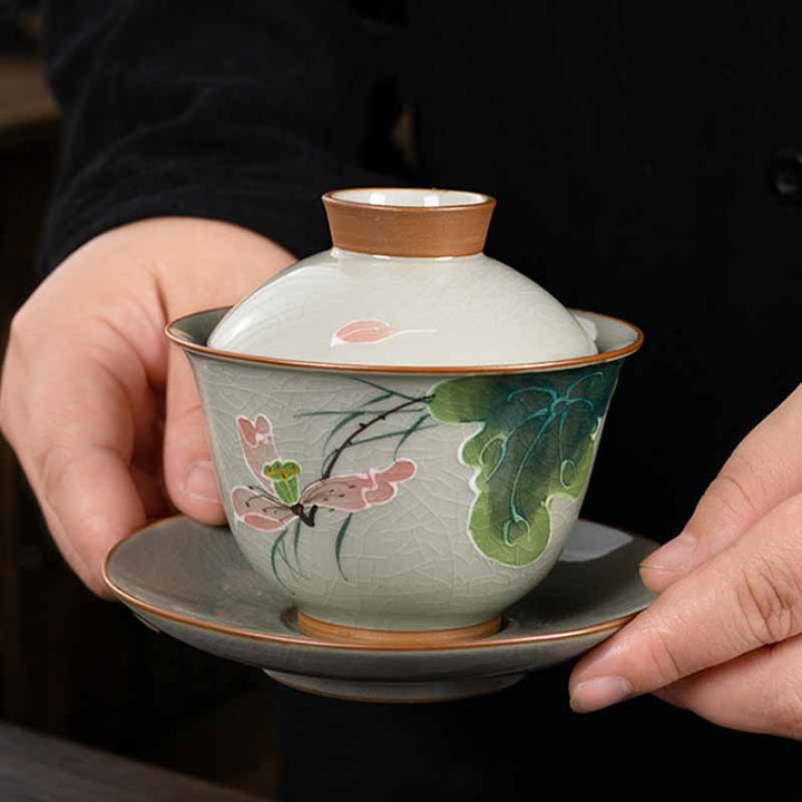 Buddha Stones Lotus Koi Fisch Pod Blatt Keramik Gaiwan Sancai Teetasse Kung Fu Teetasse und Untertasse mit Deckel 140 ml