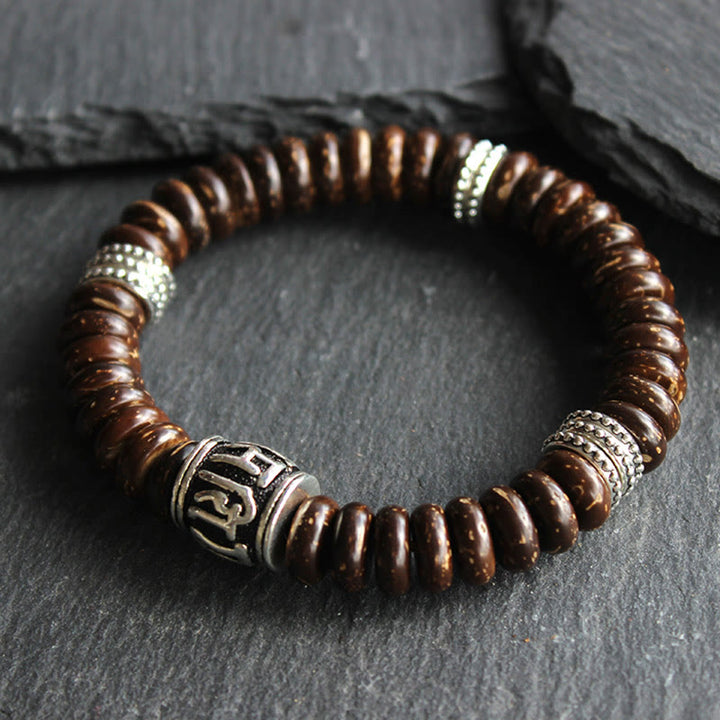 Buddha Stones Natürliches tibetisches Om Mani Padme Hum Positive Armband aus Kokosnussschale