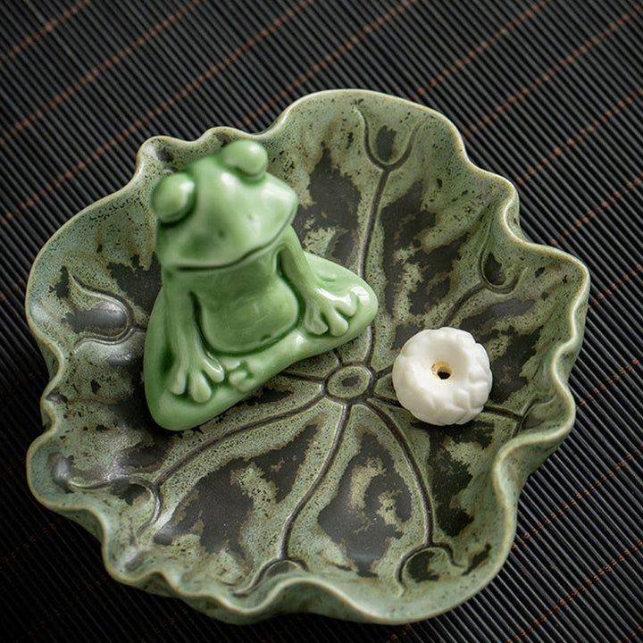 Buddha Stones, Blatt-Meditation, Frosch-Muster, heilende Keramik-Räuchergefäß-Dekoration