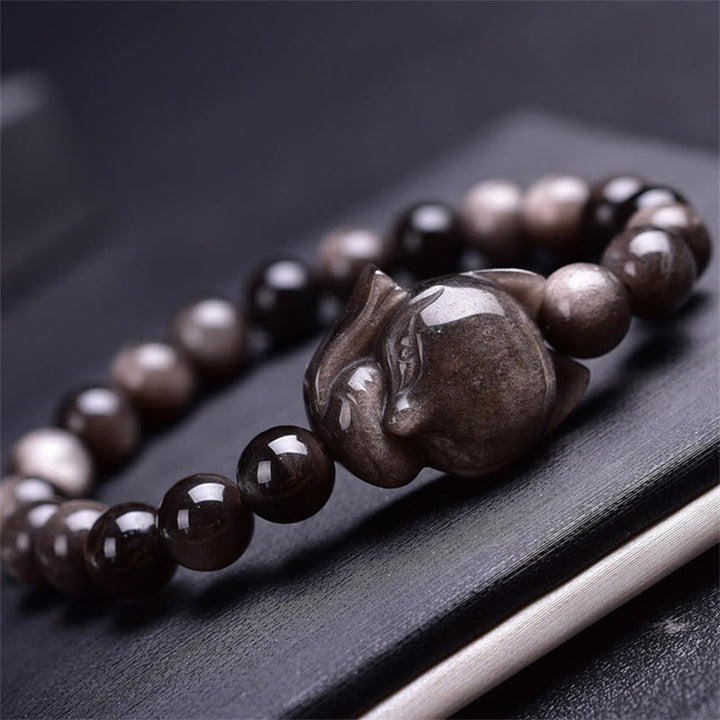 Buddha Stones Schutzarmband mit Obsidian und Fuchs, natürlicher Silberglanz