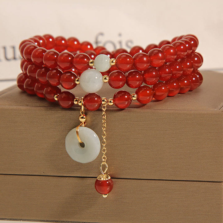 Buddha Stones Natürliches rotes Achat-Jade-Peace-Schnalle-Calm-Dreifach-Wickelarmband