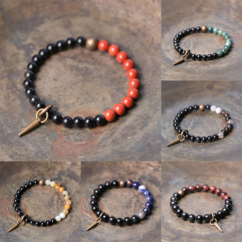 Buddha Stones Schwarzes Obsidian-Sodalith-Kristall-Kupfer-Stärke-Paar-Armband