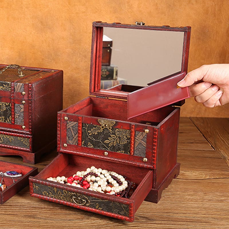 Buddha Stones, Vintage-Schmuckkästchen, goldene Traube, handgefertigt, Massivholz, Schmuckaufbewahrungsbox mit Spiegel