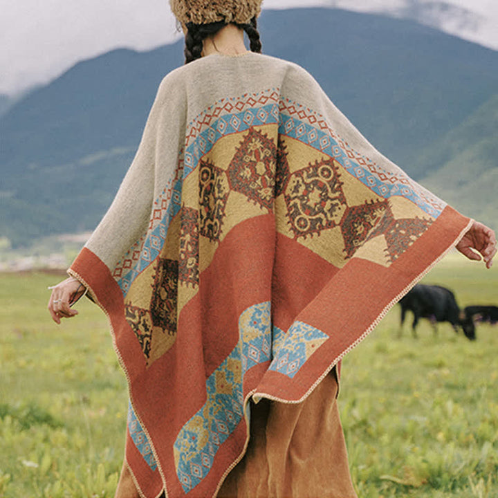 Tibetischer Schal mit Buddha Stonesn, Rautenmuster, warmer Wintermantel