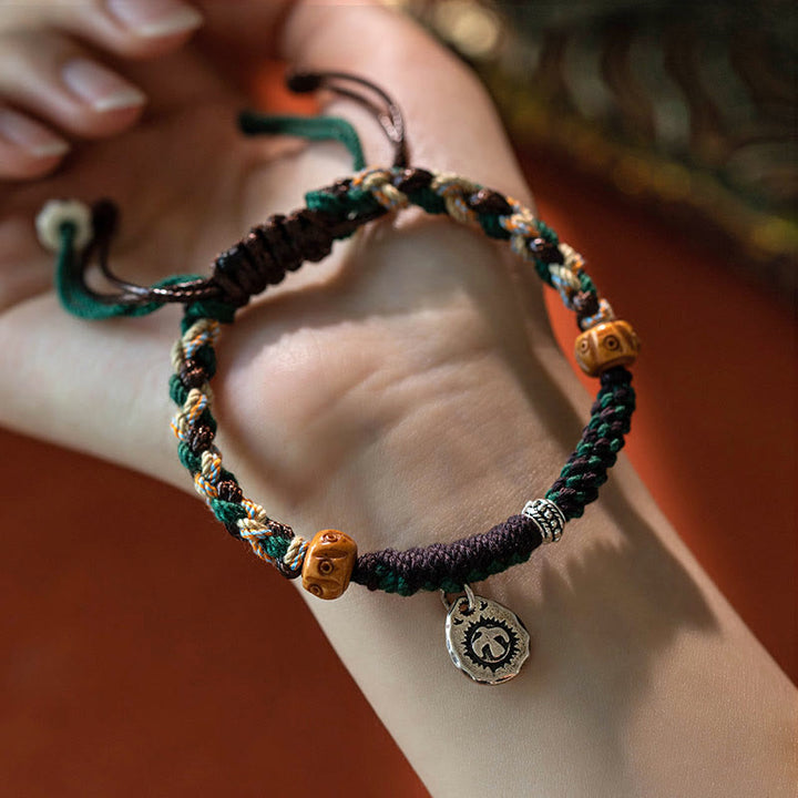 Buddha Stones Tibetisches Dzi-Perlen-Achat-Yak-Knochen-Reichtum-Seil-Armband