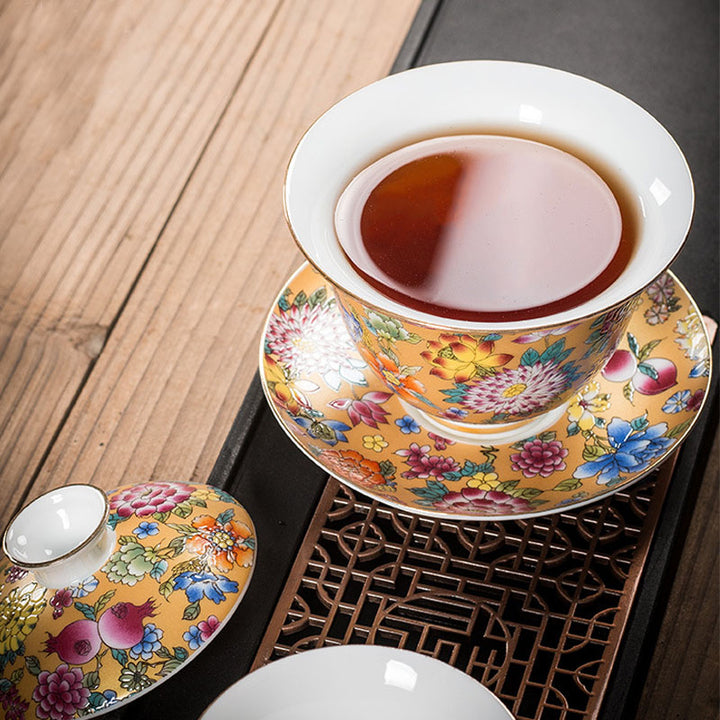 Buddha Stones Pfingstrose Blumen Keramik Gaiwan Sancai Teetasse Kung Fu Teetasse und Untertasse mit Deckel