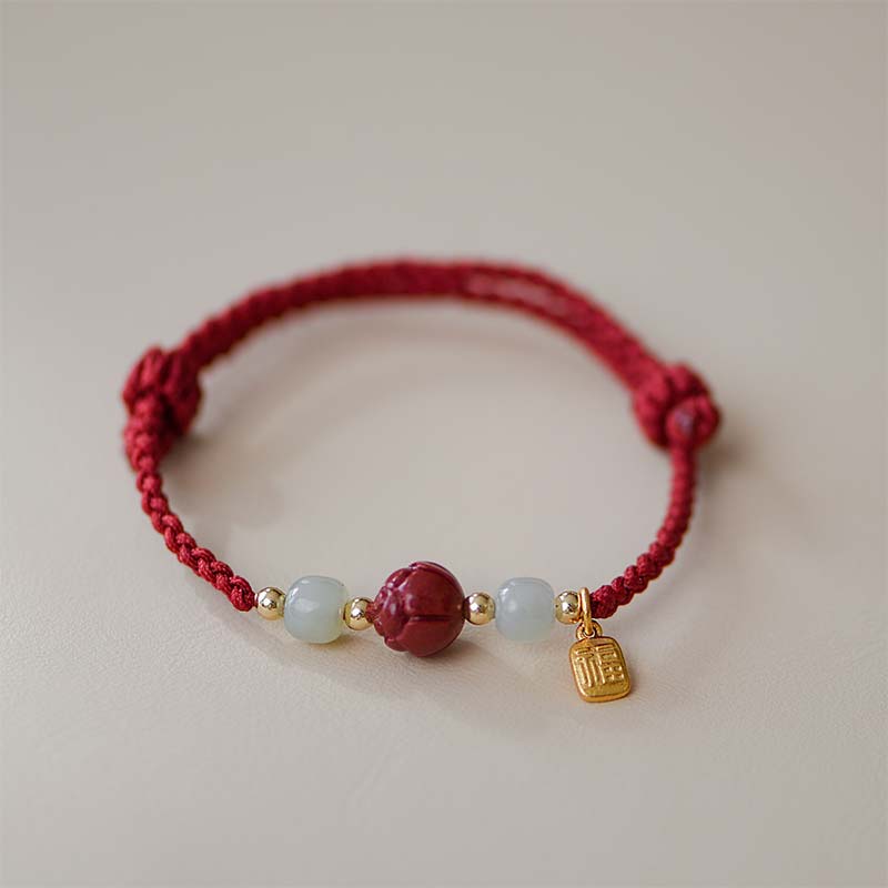 Buddha Stones Cinnabar Jade Lotus Calm Red String Weave Armband