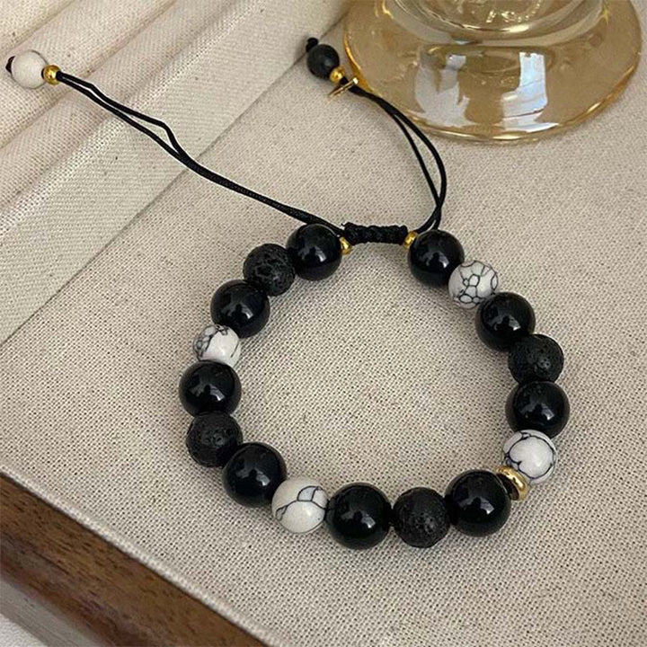 Buddha Stones Armband aus schwarzem Obsidian, Lavastein, Yin-Yang-Stärke