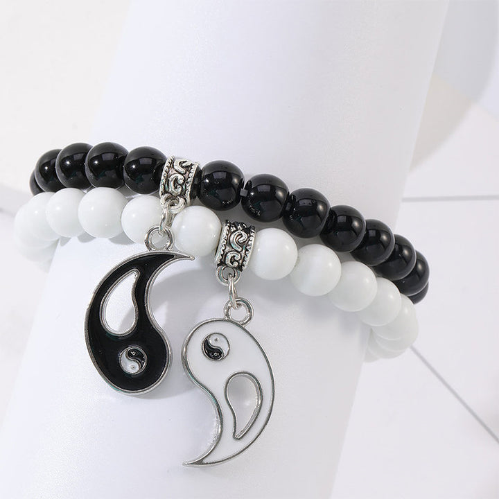 Buddha Stones 2-teiliges schwarzes Onyx- Weiß Türkis-Perlen-Yin-Yang-Schutz-Paar-Armband