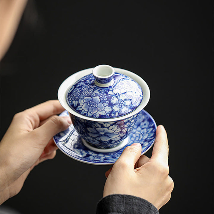 Buddha Stones Vintage blaue und Weiß Porzellan-Keramik-Gaiwan-Sancai-Teetasse Kung-Fu-Teetasse und Untertasse mit Deckel