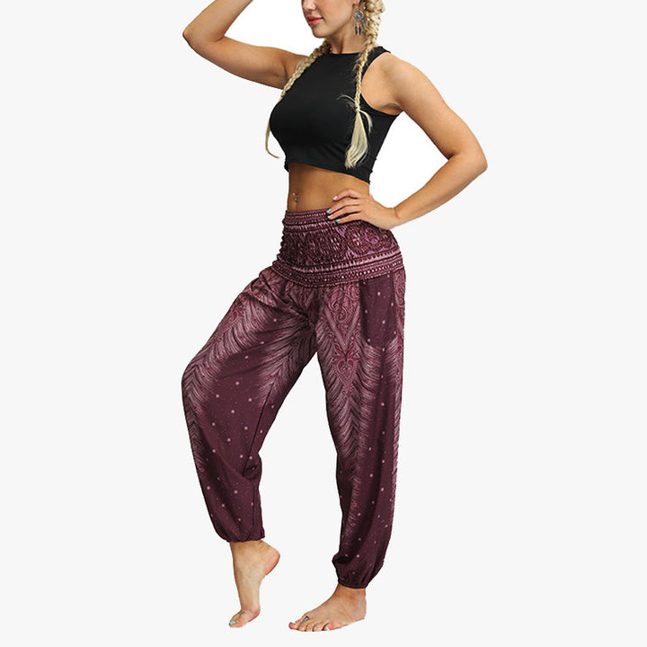 Buddha Stones Federdruck Hippie Baggy Hose Boho Hohe Taille mit Taschen Damen Yogahose