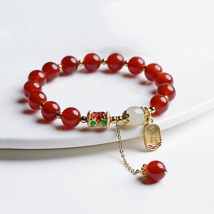 Buddha Stones Natürliches rotes Achat-Hetian-Jade-Fu-Charm-Charm-Armband