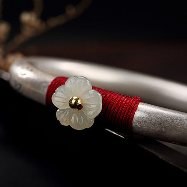 Buddha Stones 999 Sterling Silber Hetian Jade Pflaumenblüte Herz Sutra Rote Schnur Glücksarmband Armreif