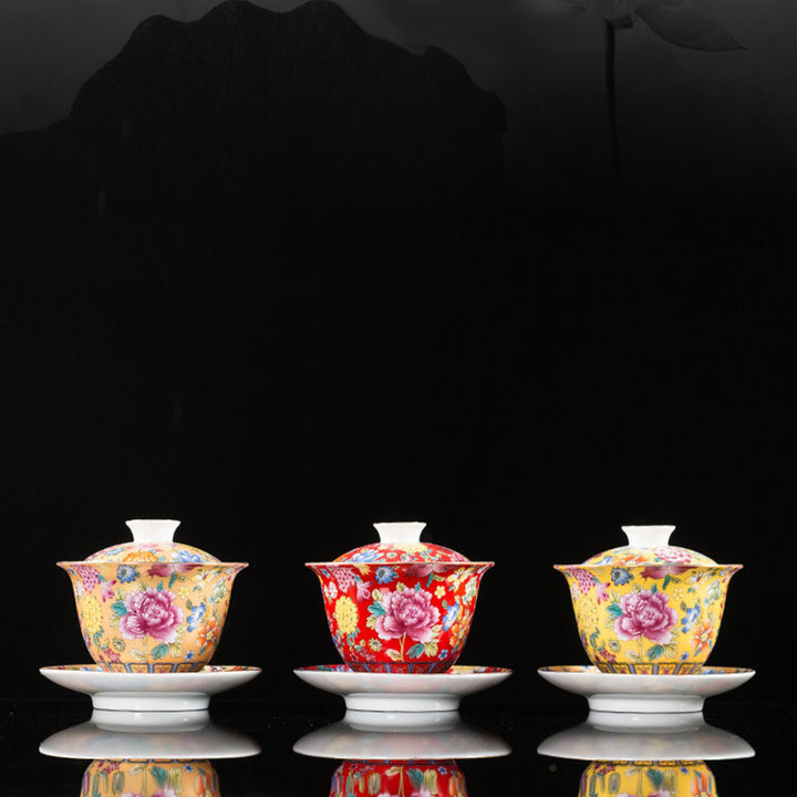 Buddha Stones Pfingstrose Blumen Keramik Gaiwan Sancai Teetasse Kung Fu Teetasse und Untertasse mit Deckel