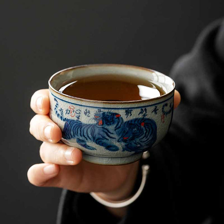 Buddha Stones Jingdezhen handbemalte niedliche Tiger-Teetasse aus Keramik, Kung-Fu-Teetasse, Schüssel, 140 ml