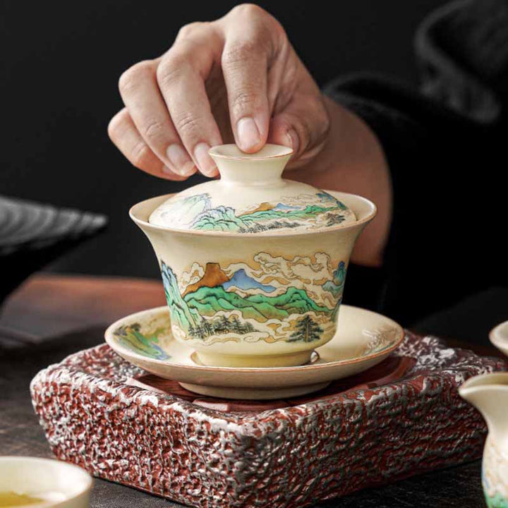 Buddha Stones Ein Panorama von Flüssen und Bergen Blumen Keramik Gaiwan Sancai Teetasse Kung Fu Teetasse und Untertasse mit Deckel