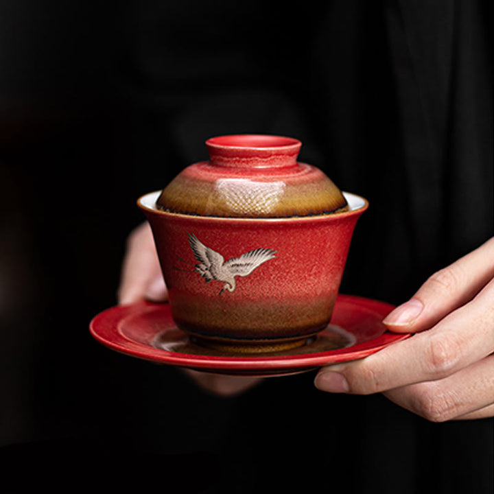 Buddha Stones, roter verheißungsvoller Kranich, Keramik, Gaiwan-Sancai-Teetasse, Kung-Fu-Teetasse und Untertasse mit Deckel