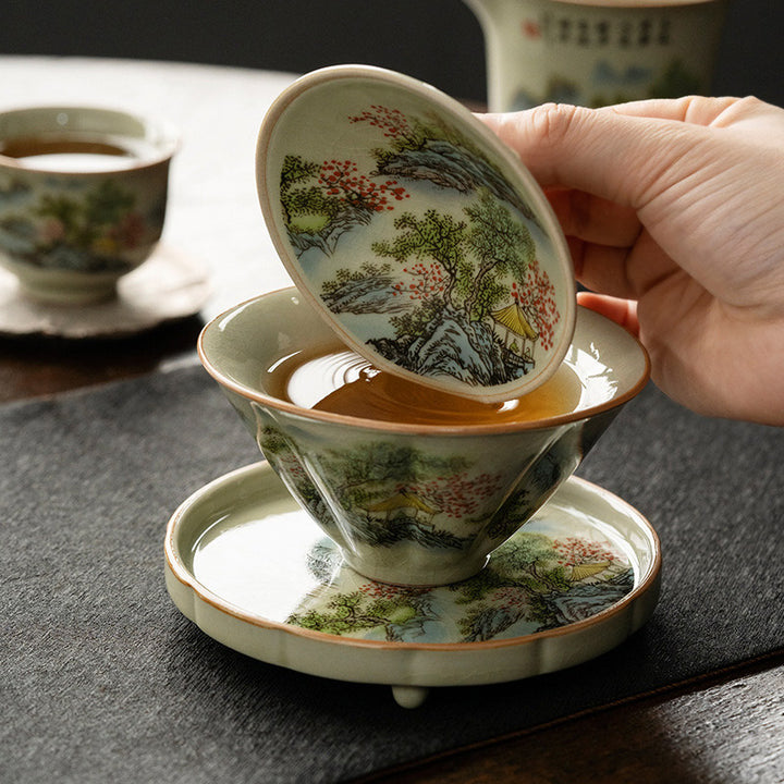 Buddha Stones Kiefer Berg Wald Landschaft Keramik Gaiwan Sancai Teetasse Kung Fu Teetasse und Untertasse mit Deckel