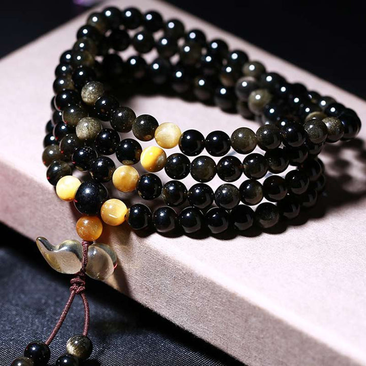 Natürliches Eis-Obsidian-Tigerauge-Kürbis-Armband Mala