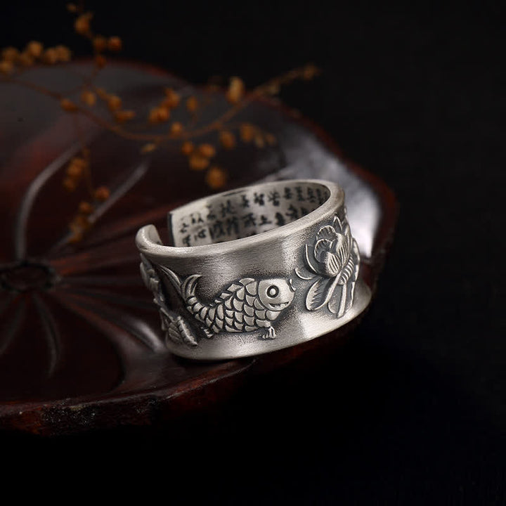 999 Sterling Silber Glück Koi Fisch Lotus Herz Sutra Reichtum Ring