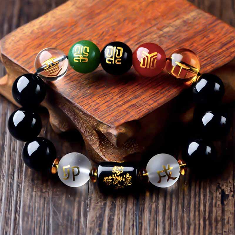 Buddha Stones Chinesisches Sternzeichen Feng Shui Obsidian Fünf-Elemente-Armband Reichtum Porsperity