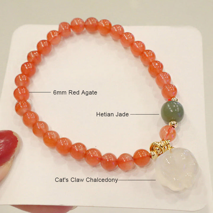 Buddha Stones Rotes Achat-Chalcedon-Katzenpfoten-Jade-Selbstvertrauensarmband