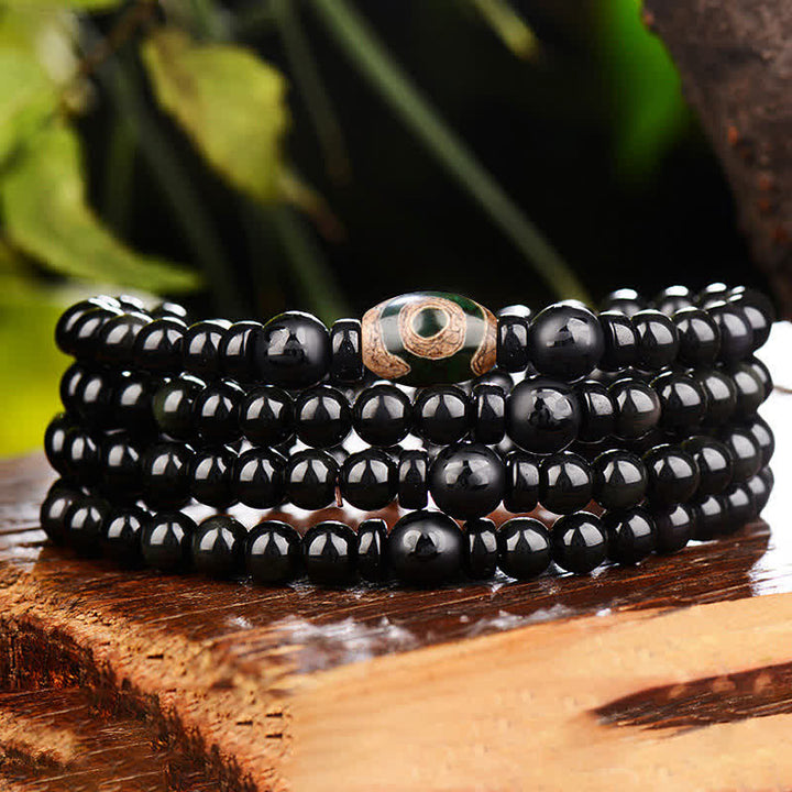 108 Perlen, schwarzer Obsidian, Dzi-Perle, Tigerauge-Achat, heilendes Mala-Armband